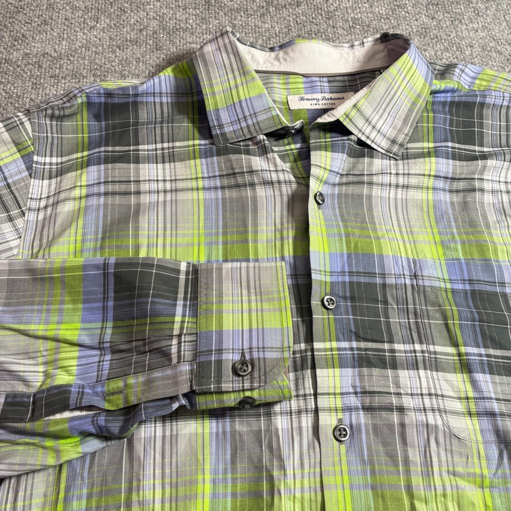 Tommy Bahama‎ Plaid Shirt Mens XXL Green Blue Pima Cotton Long Sleeve Button Up